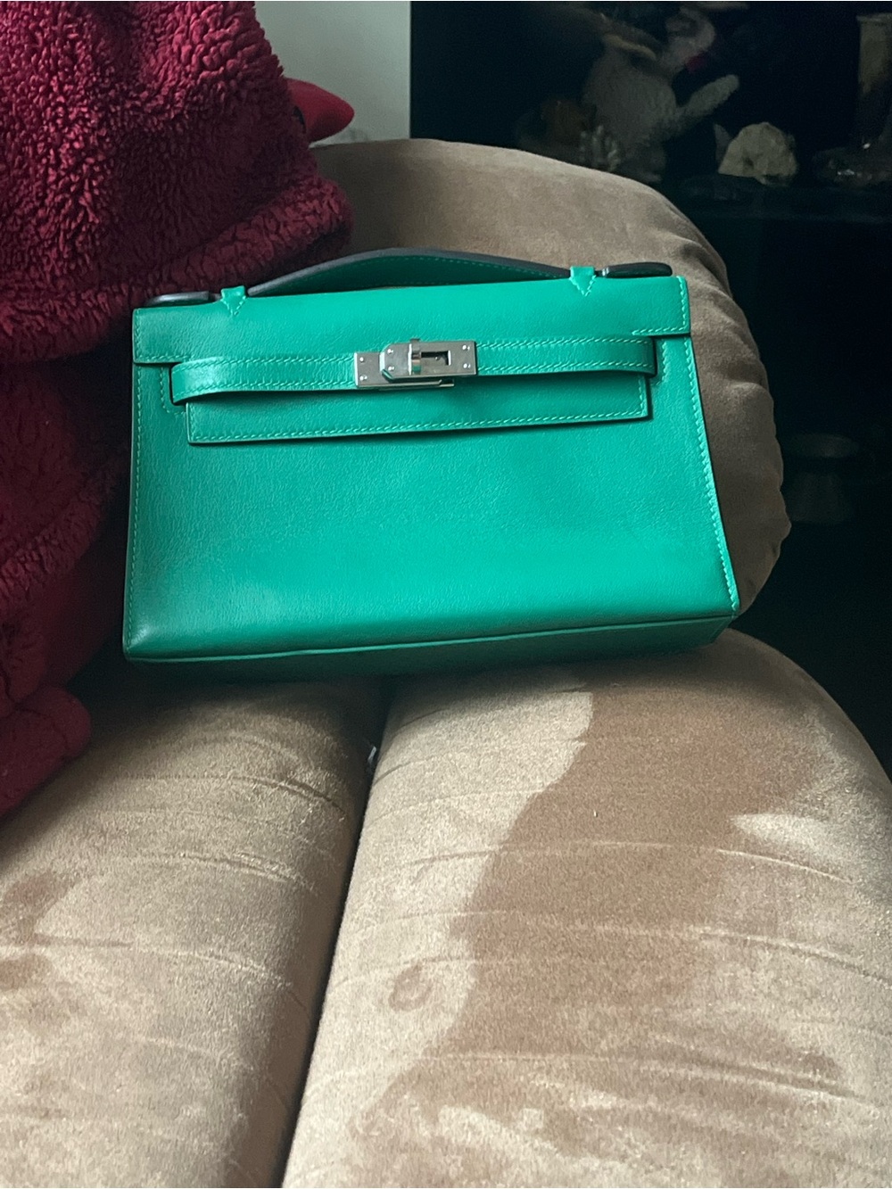 Authentic Hermes Kelley Pochette Swift. Green Leather Top-Handle Women's Bag